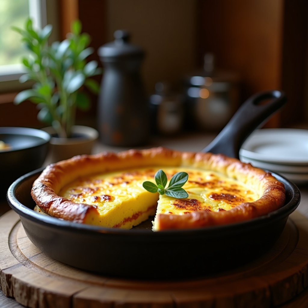 Tortilla campera argentina dorada y esponjosa en molde de barro, con corte en porción que muestra capas de papa, huevo y queso fundido, servida con hierbas frescas y fondo rústico de madera.