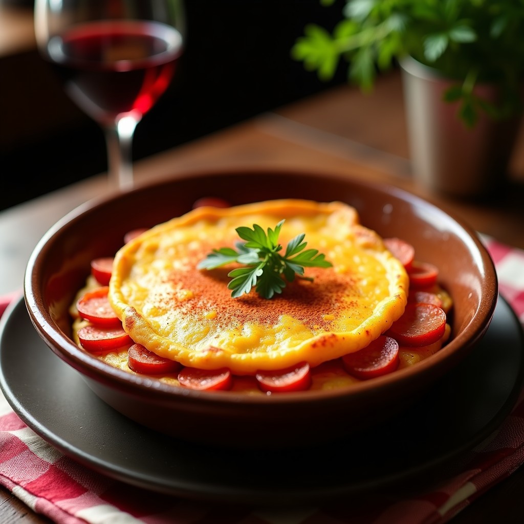 Tortilla campera argentina en olla lenta, con capas de papas, chorizo colorado y huevo cuajado, espolvoreada con queso tybo derretido.