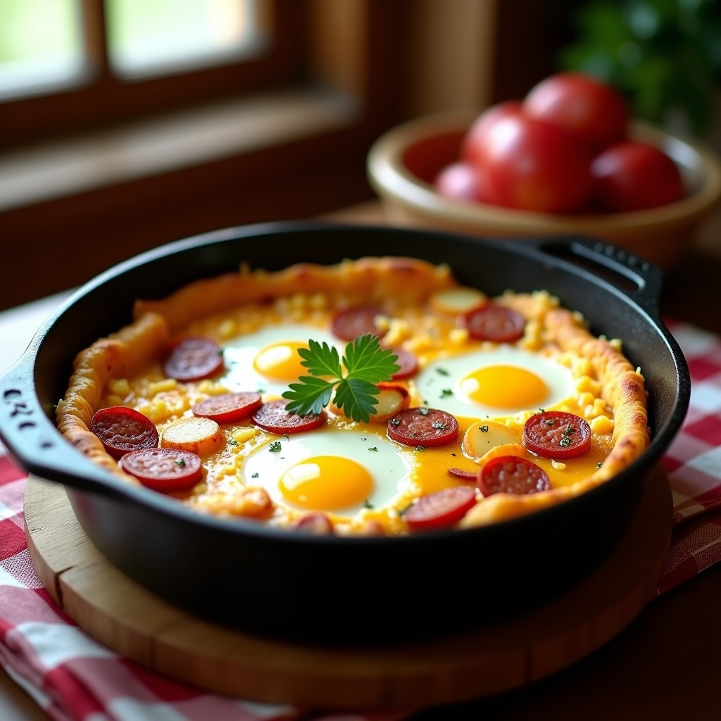 Olla de hierro fundido con tortilla campera argentina dorada, rellena de rodajas de chorizo colorado, patatas y huevo cuajado, servida en porciones rústicas sobre una mesa de madera.