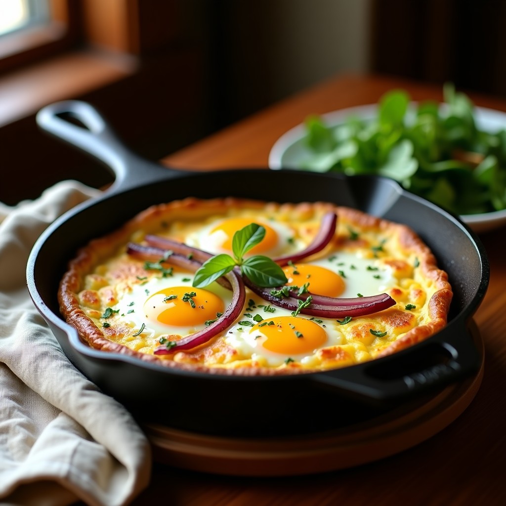 Tortilla campera argentina dorada en sartén de hierro, con rodajas de papas y huevo esponjoso, acompañada de cebolla caramelizada y hierbas frescas.