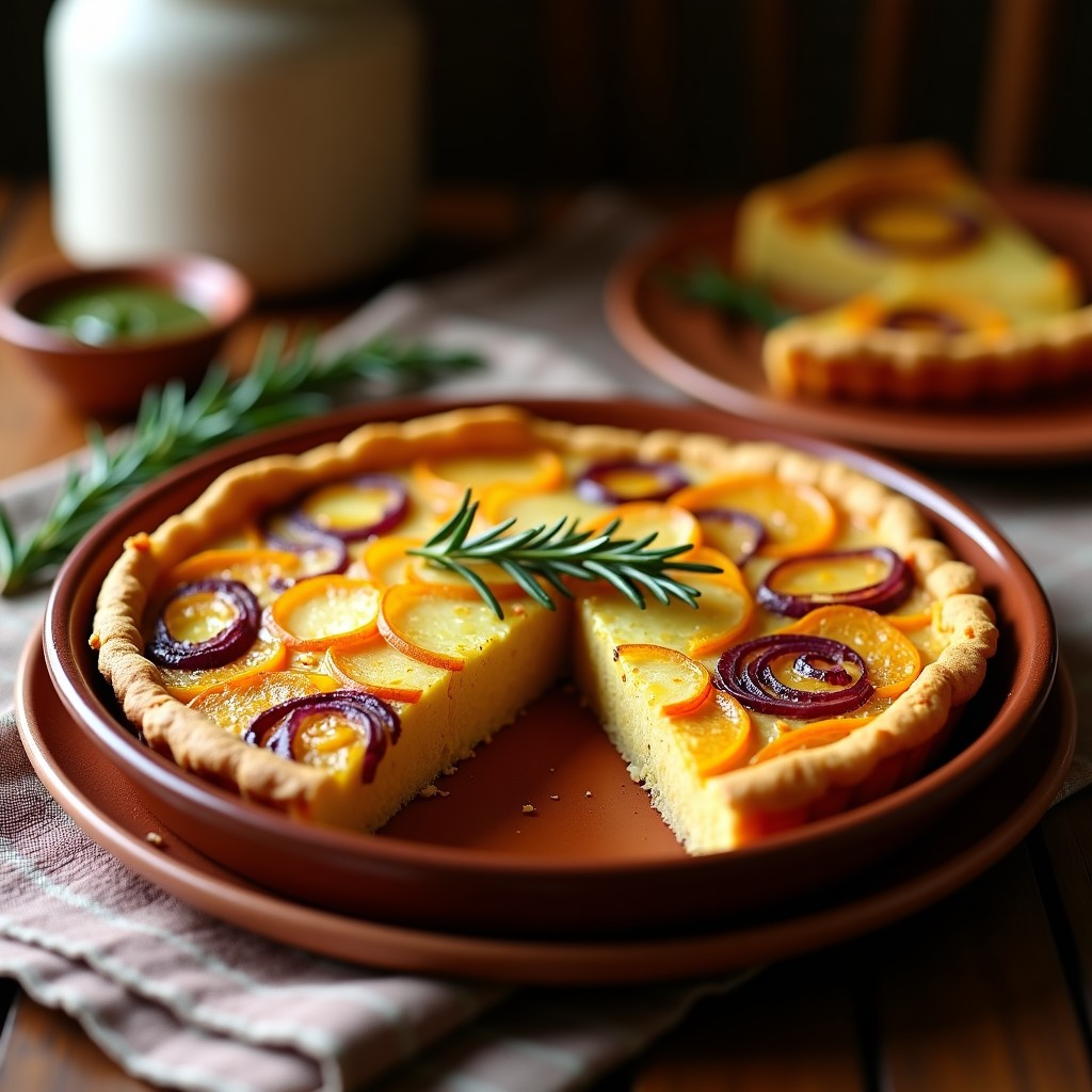 Tortilla campera argentina dorada en molde de horno, con capas visibles de papas, zapallo y cebolla, servida en porción triangular sobre plato rústico de barro.