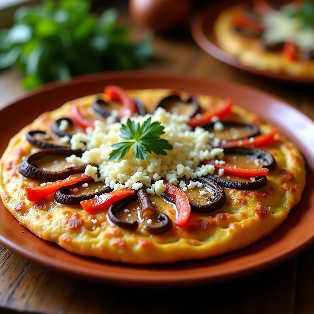 Tortilla campera dorada con champiñones ahumados y cebolla caramelizada, servida en plato de barro con queso manchego rallado por encima.