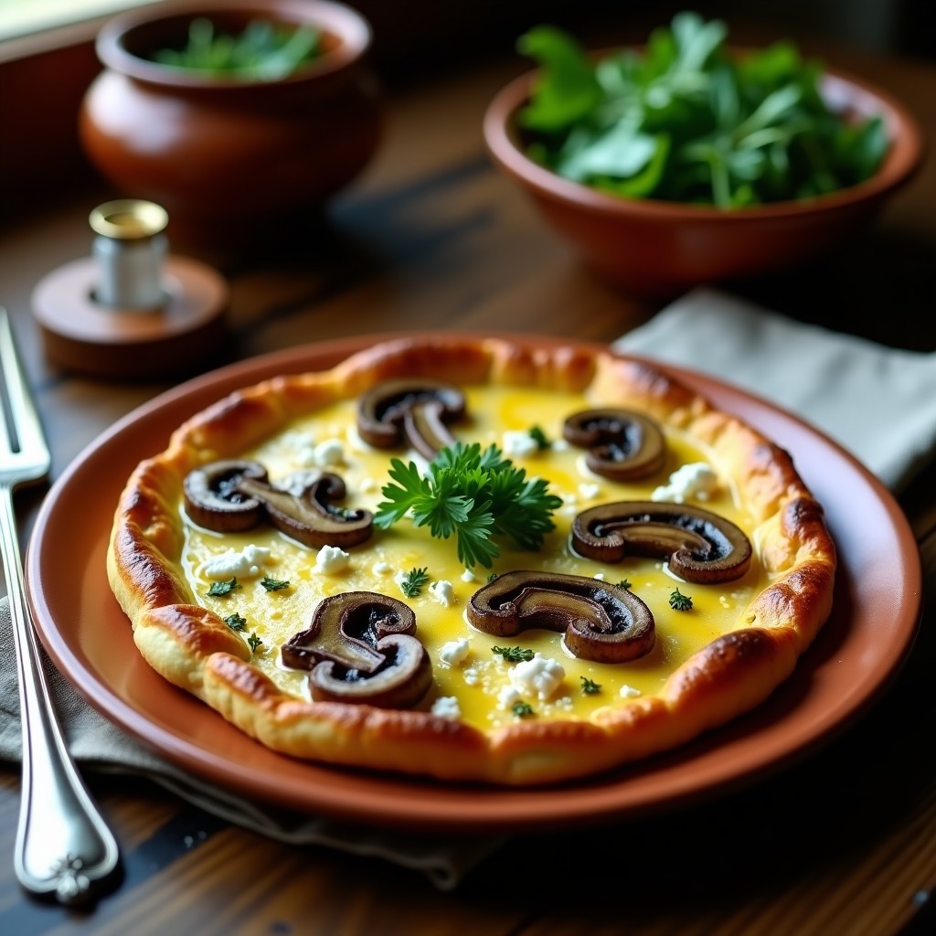 Tortilla campera dorada con champiñones portobello y queso de cabra, bañada en aceite de trufa negra, servida en plato rústico de barro con perejil fresco.