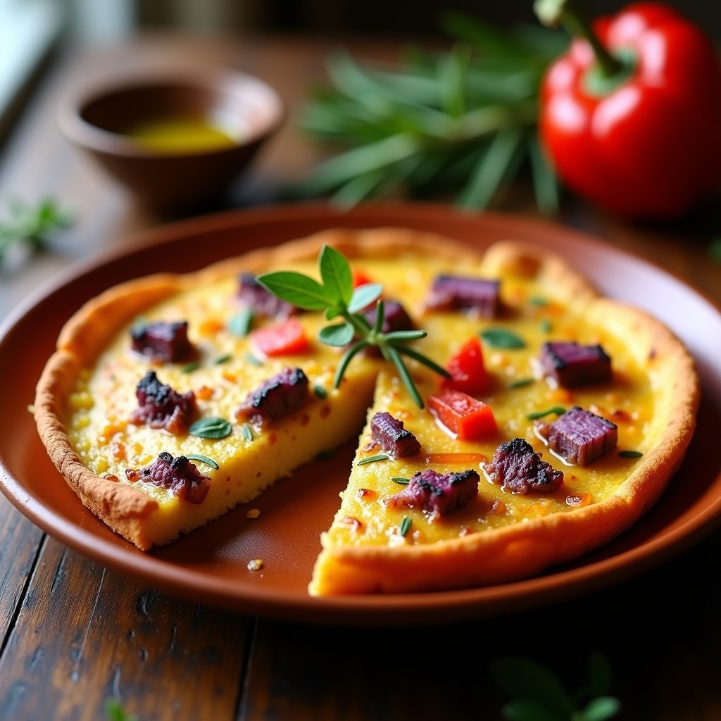 Tortilla campera dorada con trozos visibles de coliflor ahumada, cebolla morada y pimiento rojo, servida en plato rústico de barro con fondo de madera.