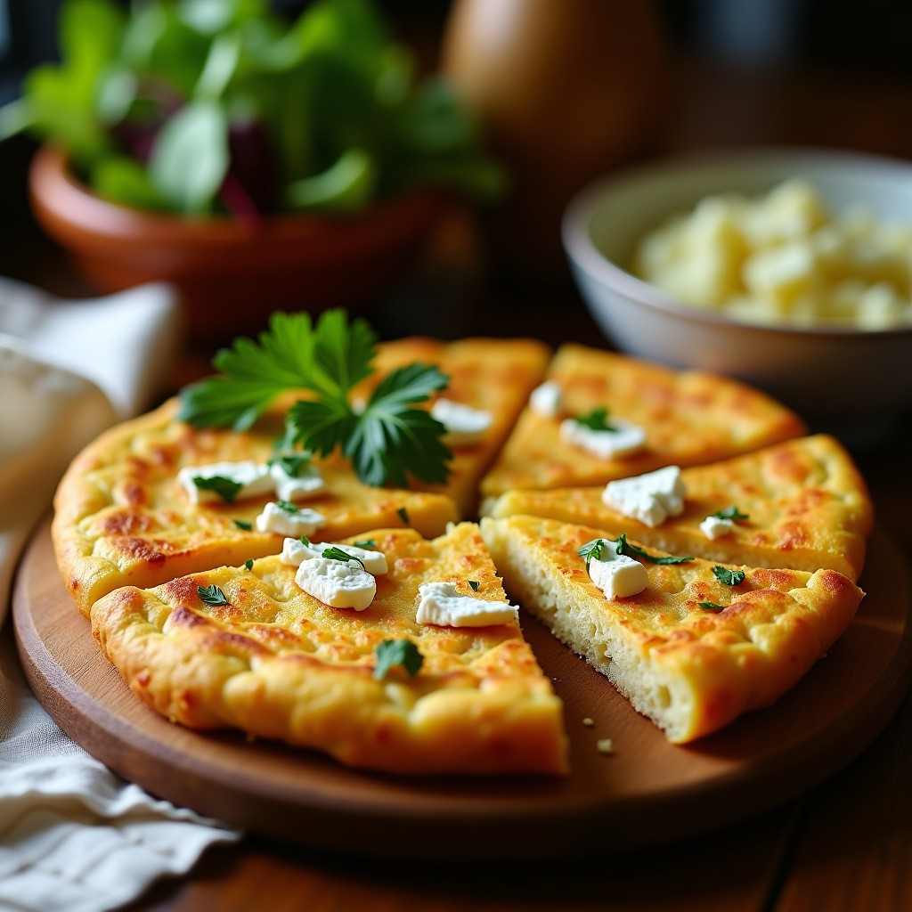 Tortilla campesina dorada de coliflor y patata en airfryer, cortada en porciones, con trozos visibles de queso de cabra y perejil fresco.