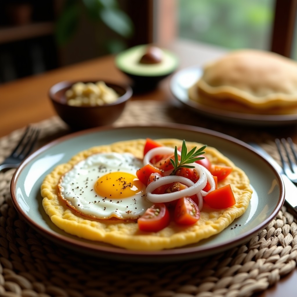 Plato rústico con tortilla campera colombiana: arepa dorada de maíz, huevo frito con yema líquida y mezcla de cebolla y tomate salteados encima. Receta tradicional y alta en proteína.