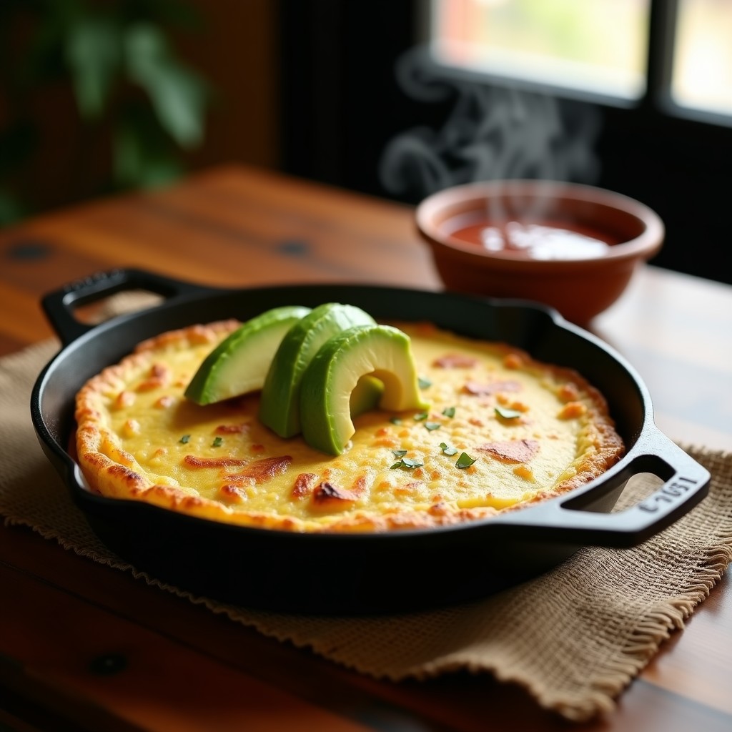 Tortilla campesina colombiana dorada y esponjosa en sartén de hierro, con trozos de papa y cebolla, servida con aguacate y hogao.