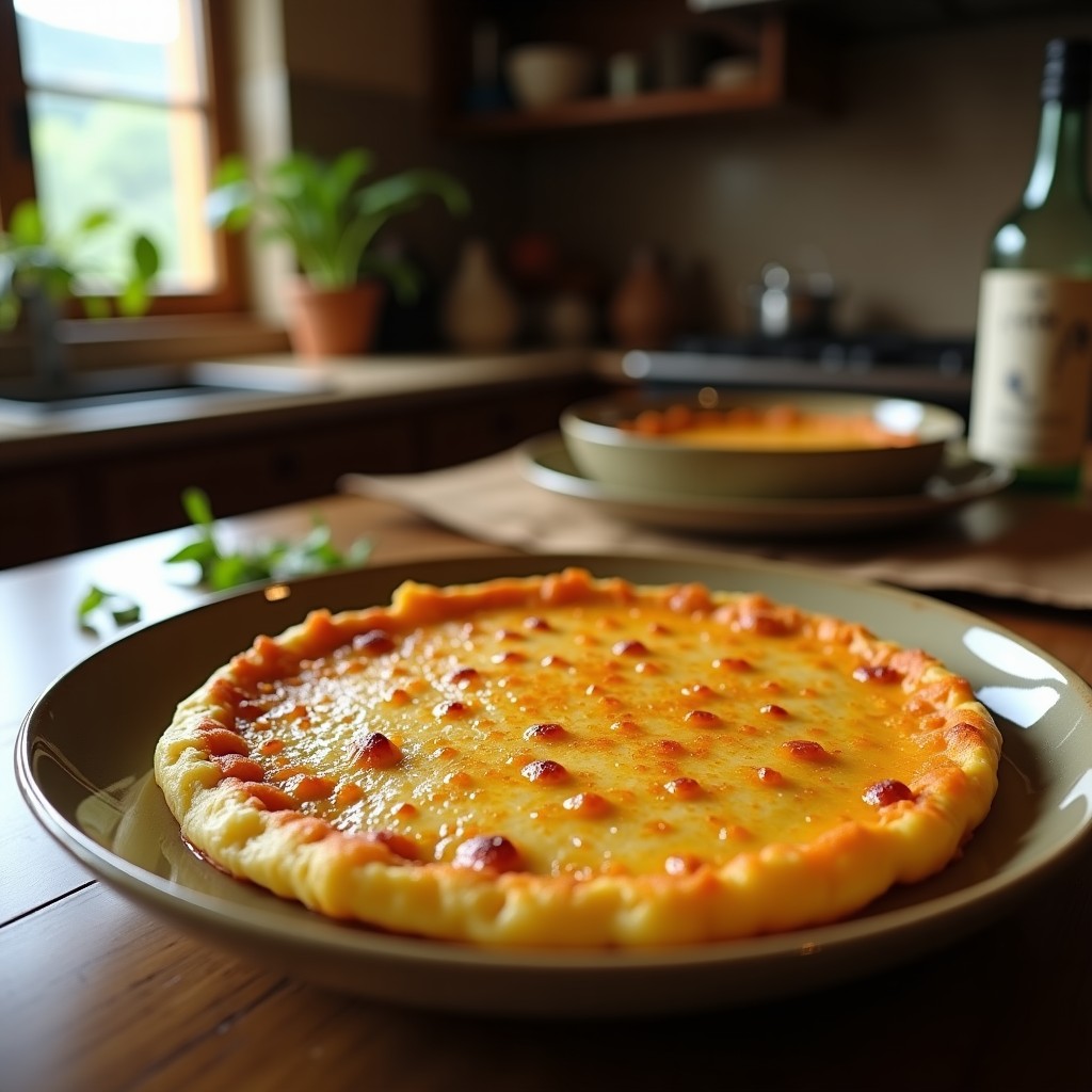 Tortilla campera dorada cortada en porciones, con trozos visibles de patata, espinaca y queso manchego, servida en un plato de barro rústico sobre una mesa de madera.