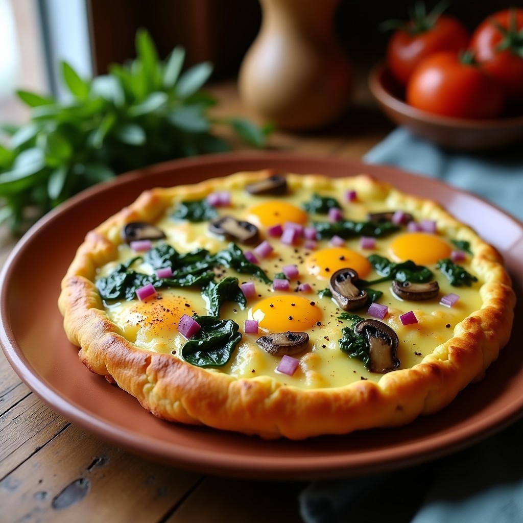 Tortilla campesina dorada con trozos de hongo ostra y espinacas, servida en plato de barro sobre fondo rústico de madera, receta alta en hierro.