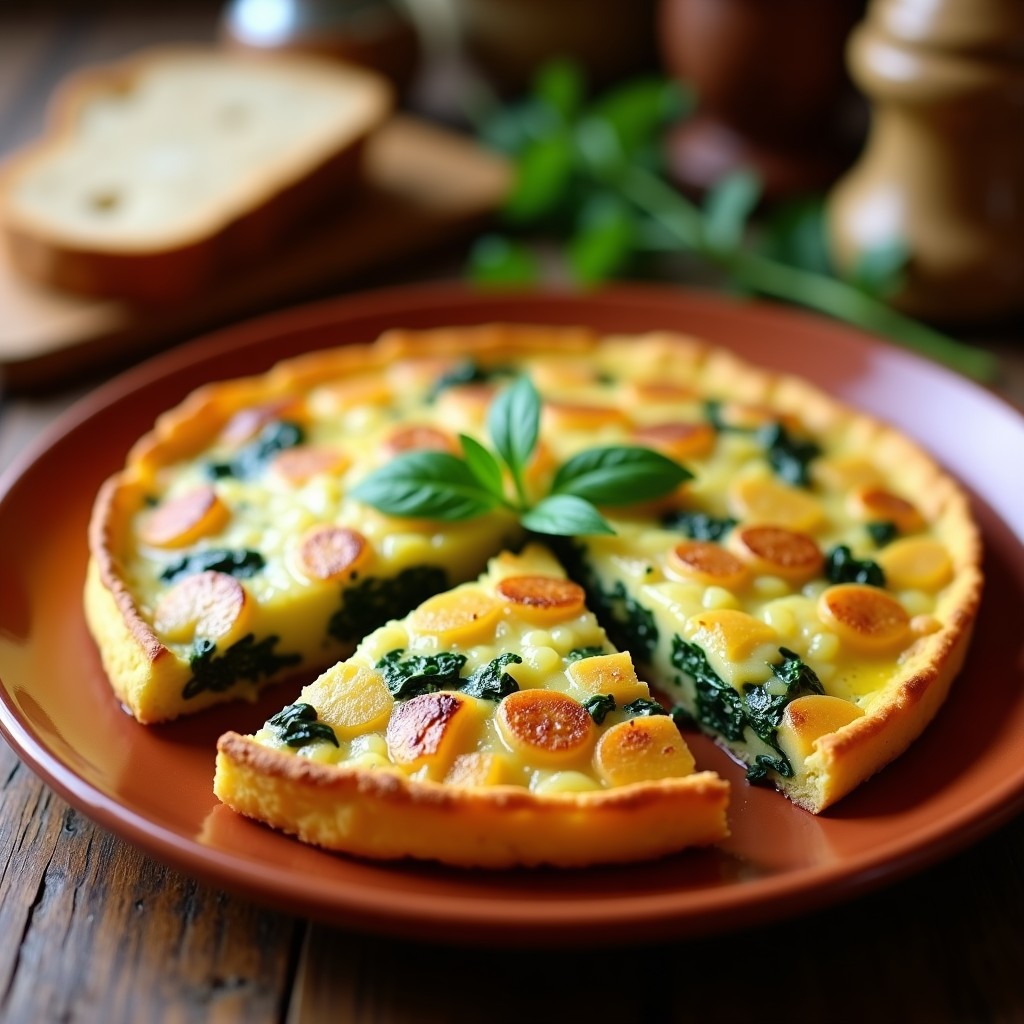 Tortilla campera andaluza dorada con espinacas y patata, servida en plato de barro rústico con rodajas de pan integral al lado.
