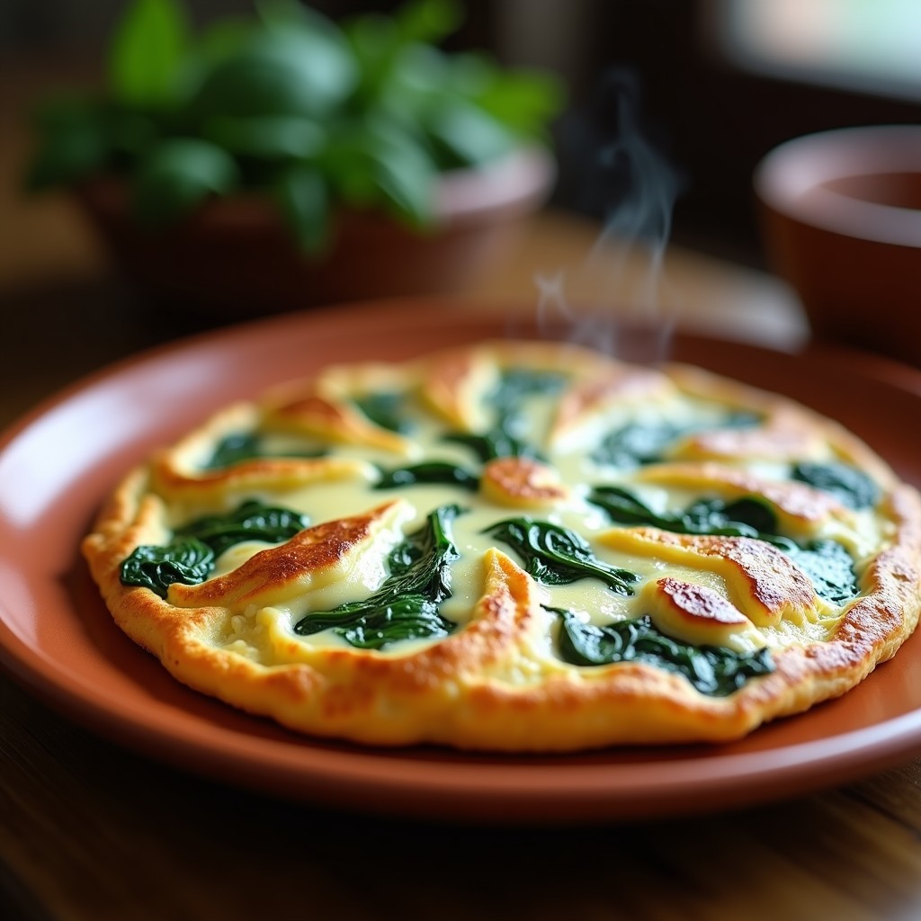 Tortilla campera dorada y esponjosa con espinacas verdes y trozos de queso de cabra fundido, servida en plato rústico de barro con fondo de madera.