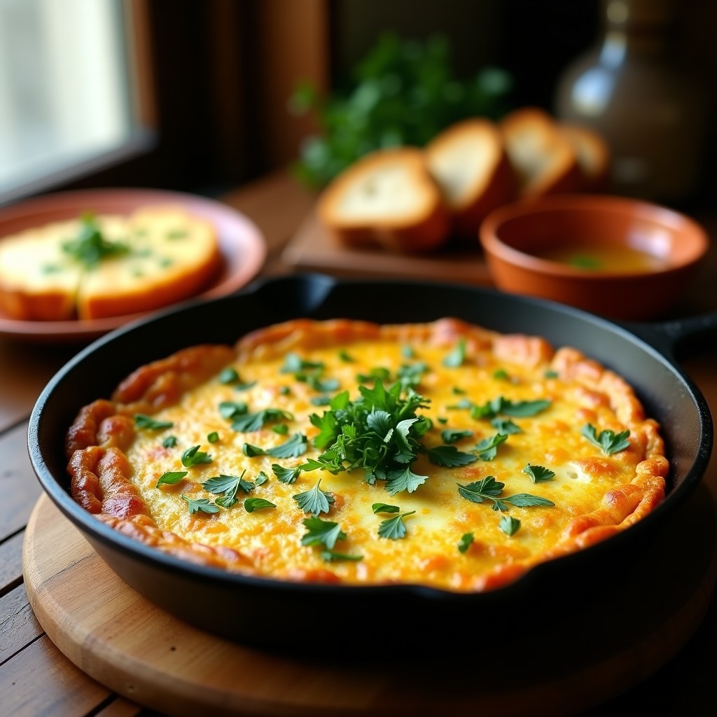 Tortilla campera dorada en sartén de hierro con hierbas frescas visibles, servida en plato rústico de barro con rodajas de pan tostado.