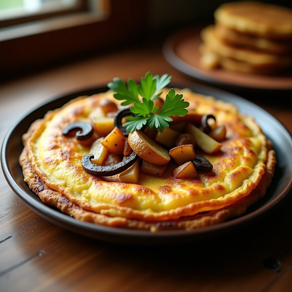 Tortilla campera dorada con trozos de hongo maitake crujiente y cebolla morada, servida en plato de barro con perejil fresco, receta en airfryer sin aceite.
