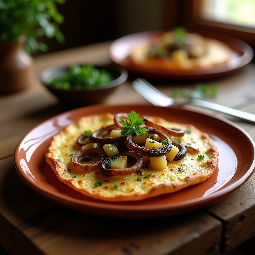 Tortilla campera dorada con trozos de patata, hongos portobello ahumados y cebolla morada, servida en plato rústico de barro con perejil fresco.