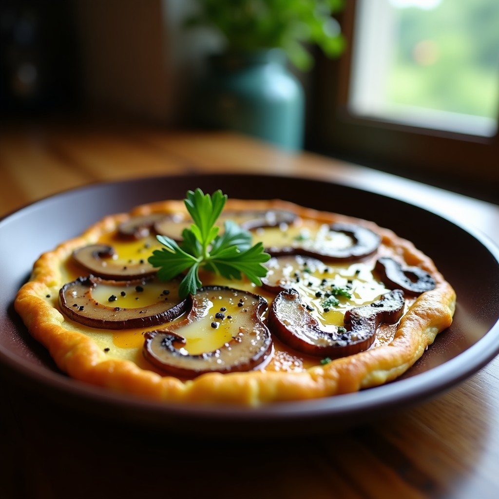 Tortilla campesina dorada con láminas de hongos portobello salteados, cebolla morada y perejil fresco, servida en plato rústico de barro con fondo de madera oscura.