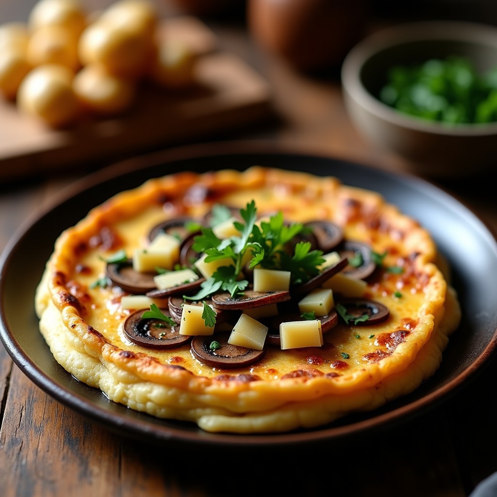 Tortilla campera dorada con láminas de hongos portobello y trozos de patata, servida en plato de barro rústico con perejil fresco.