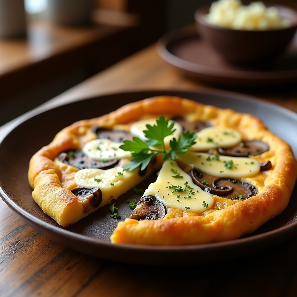 Tortilla campera dorada con trozos de hongos silvestres y queso curado, cortada en porciones y servida en plato de barro rústico, receta olla a presión.