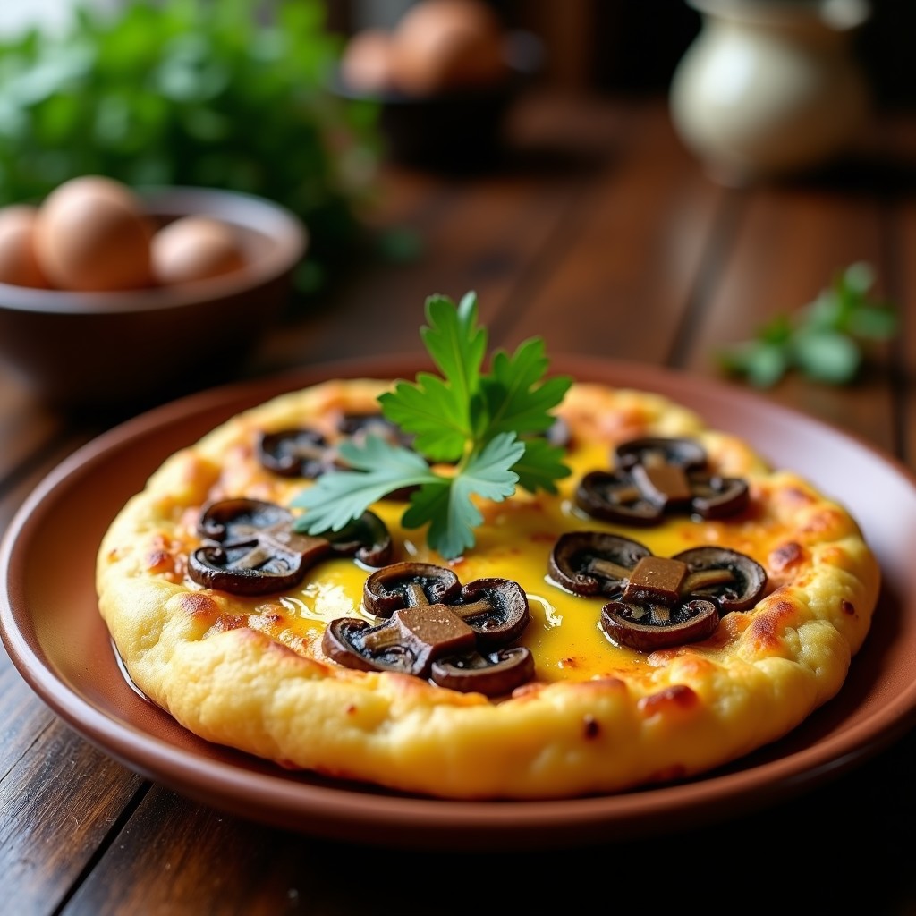Tortilla campera dorada y ultraesponjosa con láminas de hongos portobello trufados, decorada con perejil fresco y un hilo de aceite de trufa negra, servida en plato de barro sobre fondo rústico.