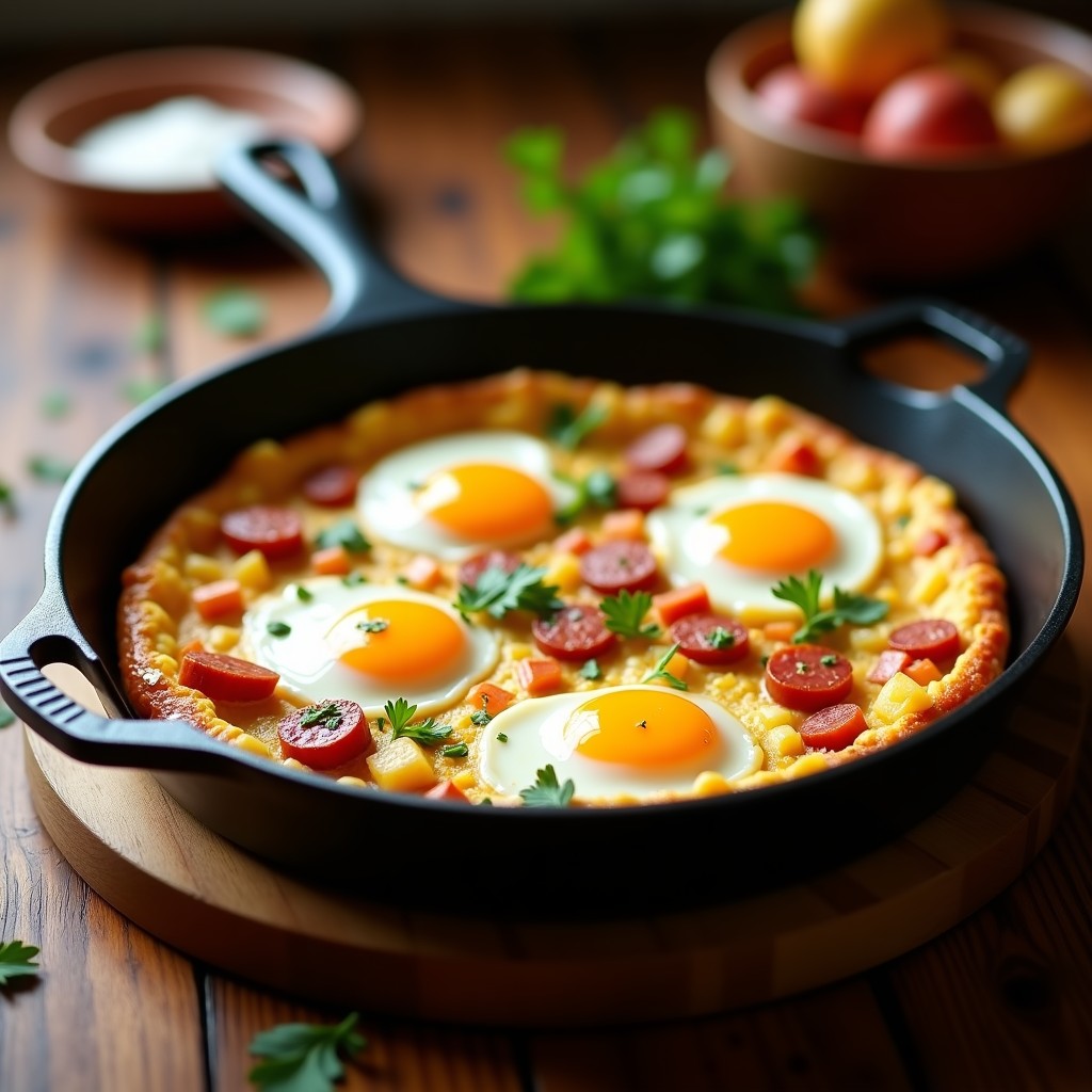 Tortilla campera dorada en sartén de hierro, con trozos de patata, huevo cuajado y chorizo fresco. Receta tradicional española alta en proteína.