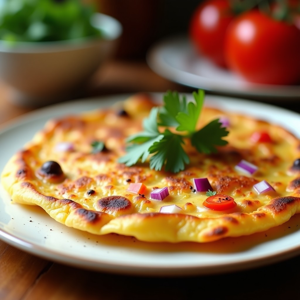 Tortilla campera venezolana dorada y crujiente en airfryer, con trozos de queso blanco y verduras, servida en plato rústico.