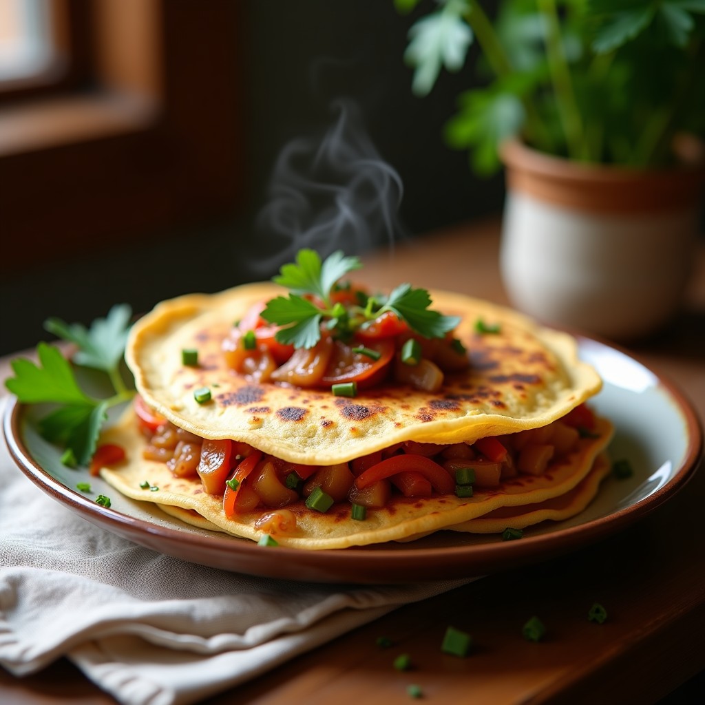 Tortillas camperas argentinas doradas en dos capas, rellenas de cebolla morada y pimiento rojo salteado, servidas en un plato rústico de barro con perejil fresco espolvoreado.