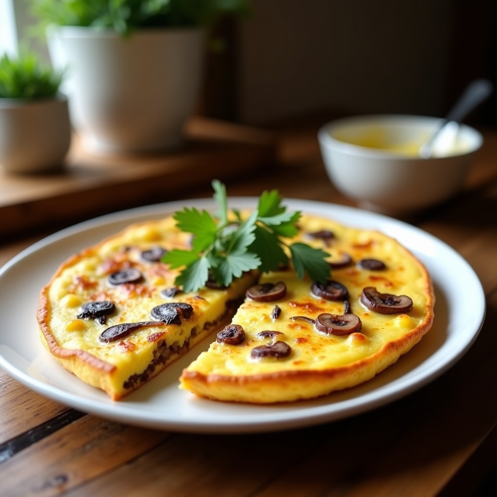 Tortilla esponjosa de huevo campero con trozos dorados de hongos porcini y cebolla morada, servida en plato blanco con perejil fresco. Receta en airfryer.