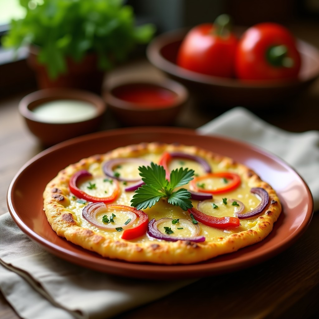 Tortilla camperola catalana dorada en airfryer, con trozos de patata, pimiento rojo, verde y cebolla morada, servida en plato de barro rústico.