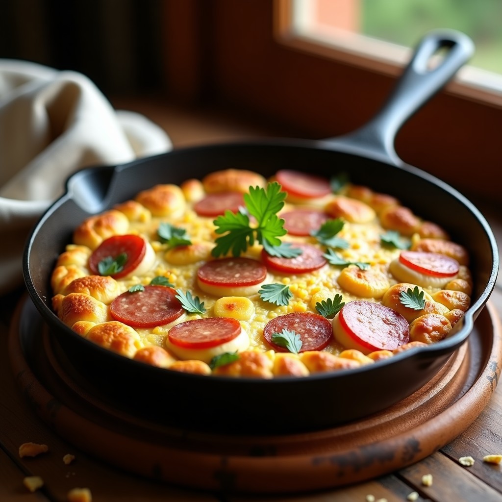 Tortilla camperola catalana dorada en sartén de hierro, con trozos de pan, butifarra y chorizo, espolvoreada con perejil fresco sobre fondo rústico de madera.