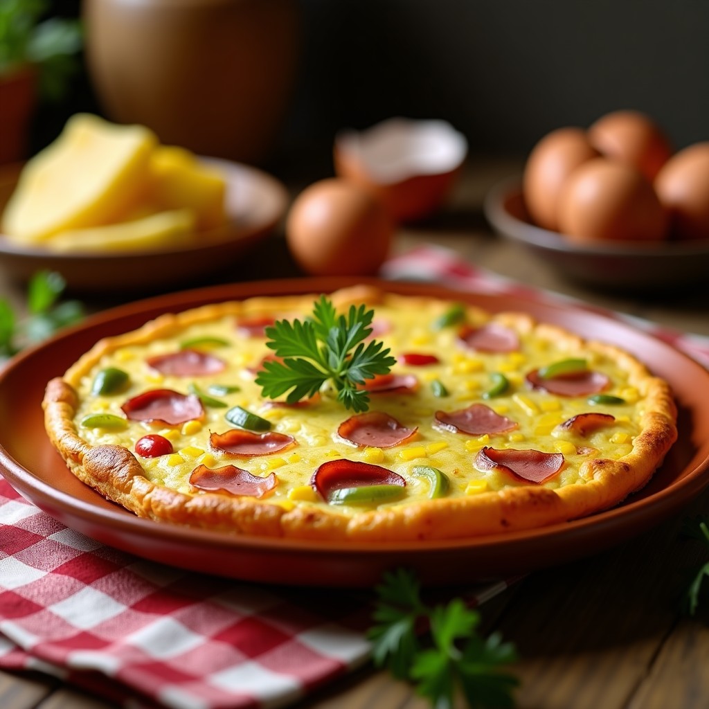 Tortilla camperola dorada en plato de barro, con trozos de patata, pimiento verde, cebolla morada y jamón serrano. Receta olla express alta en proteína.