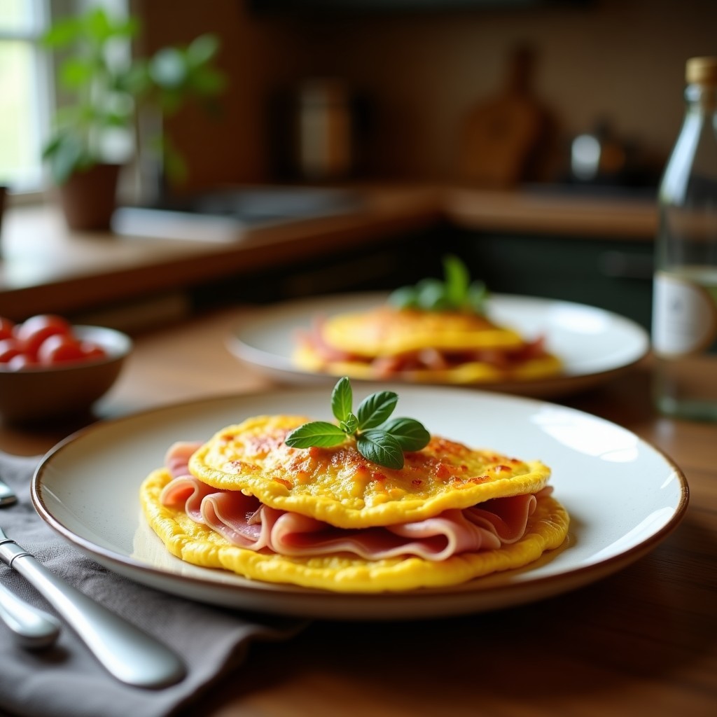 Tortilla dorada y jugosa de camperos con trozos de jamón ibérico, cocinada en airfryer, servida en plato blanco con perejil fresco y aceite de oliva.