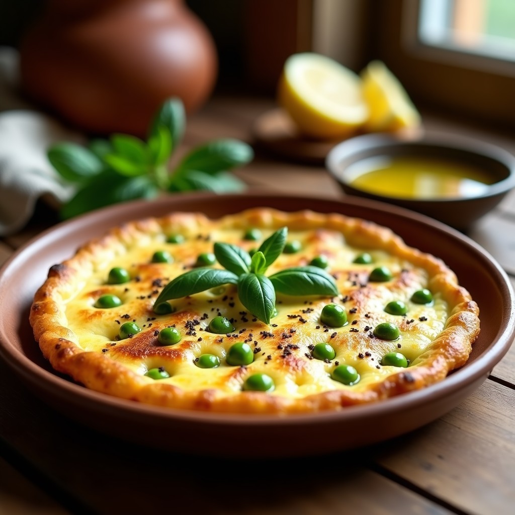 Tortilla dorada y esponjosa de camperos con especias zaatar, horneada en molde redondo, servida en plato rústico de barro con rodajas de limón y hierbas frescas.