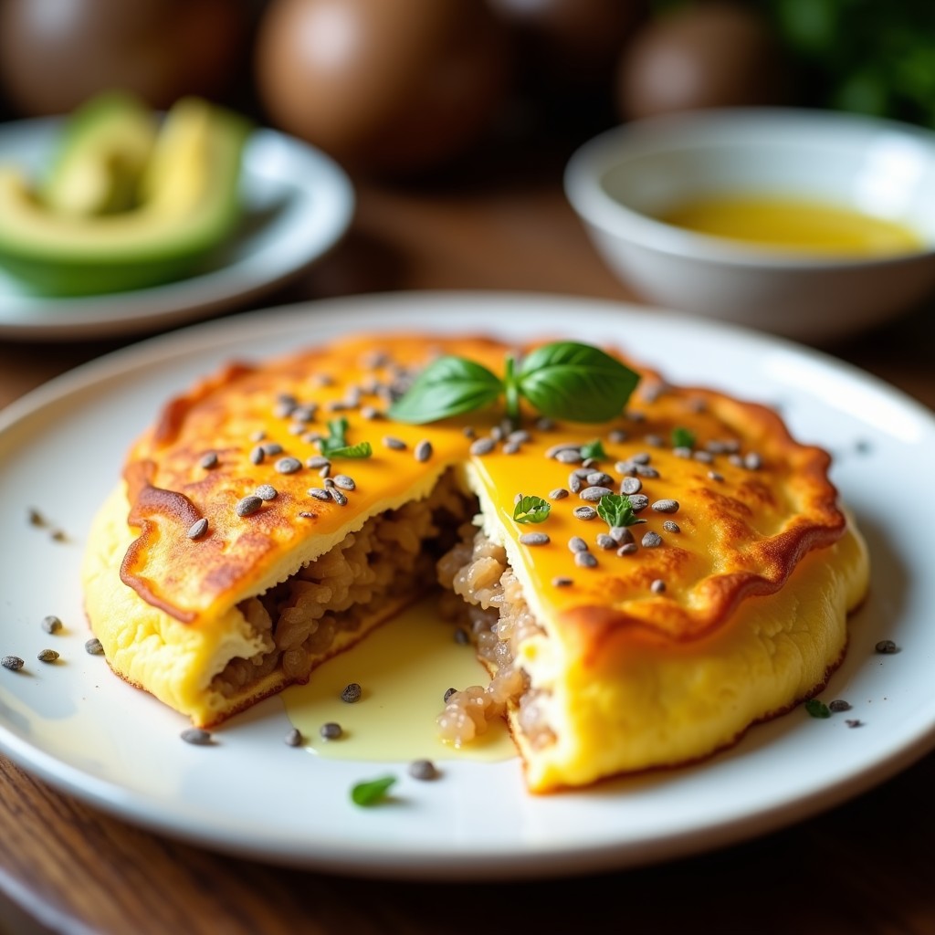 Tortilla dorada y esponjosa de cebolla caramelizada keto, con queso cheddar fundido y semillas de chía, servida en plato blanco sobre fondo rústico de madera.