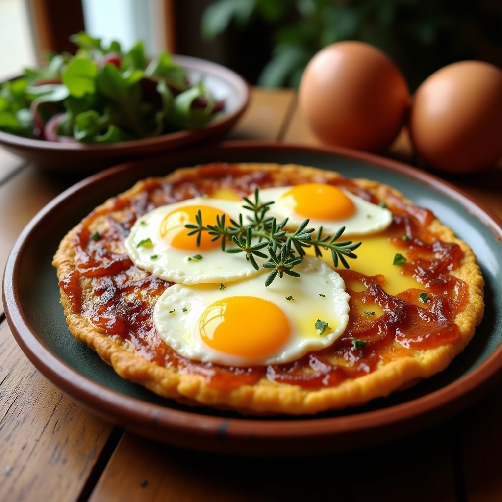 Tortilla esponjosa dorada con cebolla caramelizada oscura y huevos campero, servida en plato de barro con hierbas frescas y aceite de oliva.
