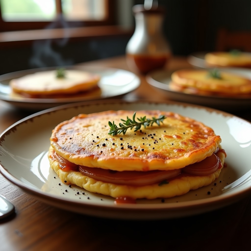 Tortilla de cebolla caramelizada en dos capas perfectamente doradas, servida en plato rústico con un toque de pimienta negra y hierbas frescas.