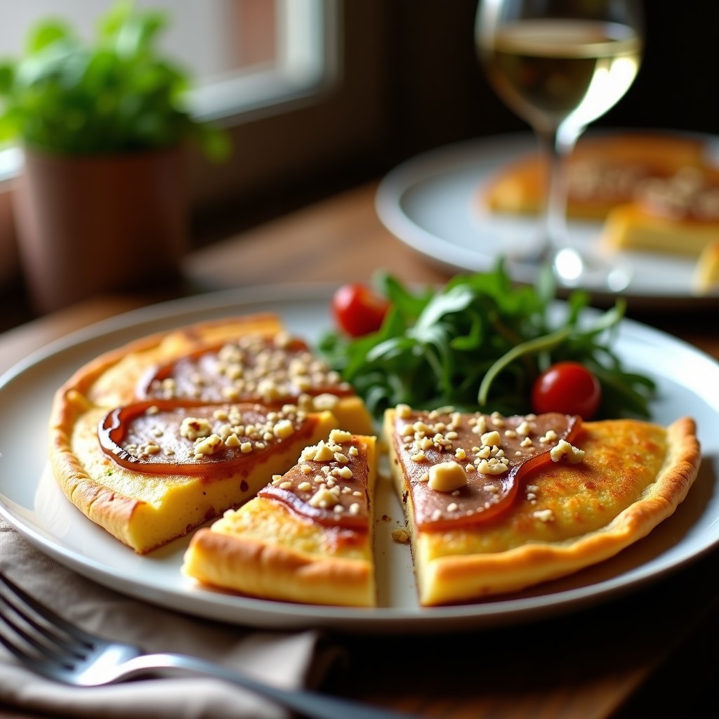 Tortilla dorada y esponjosa de cebolla caramelizada y queso de cabra, servida en plato blanco con ensalada verde y vinagreta, receta gourmet.