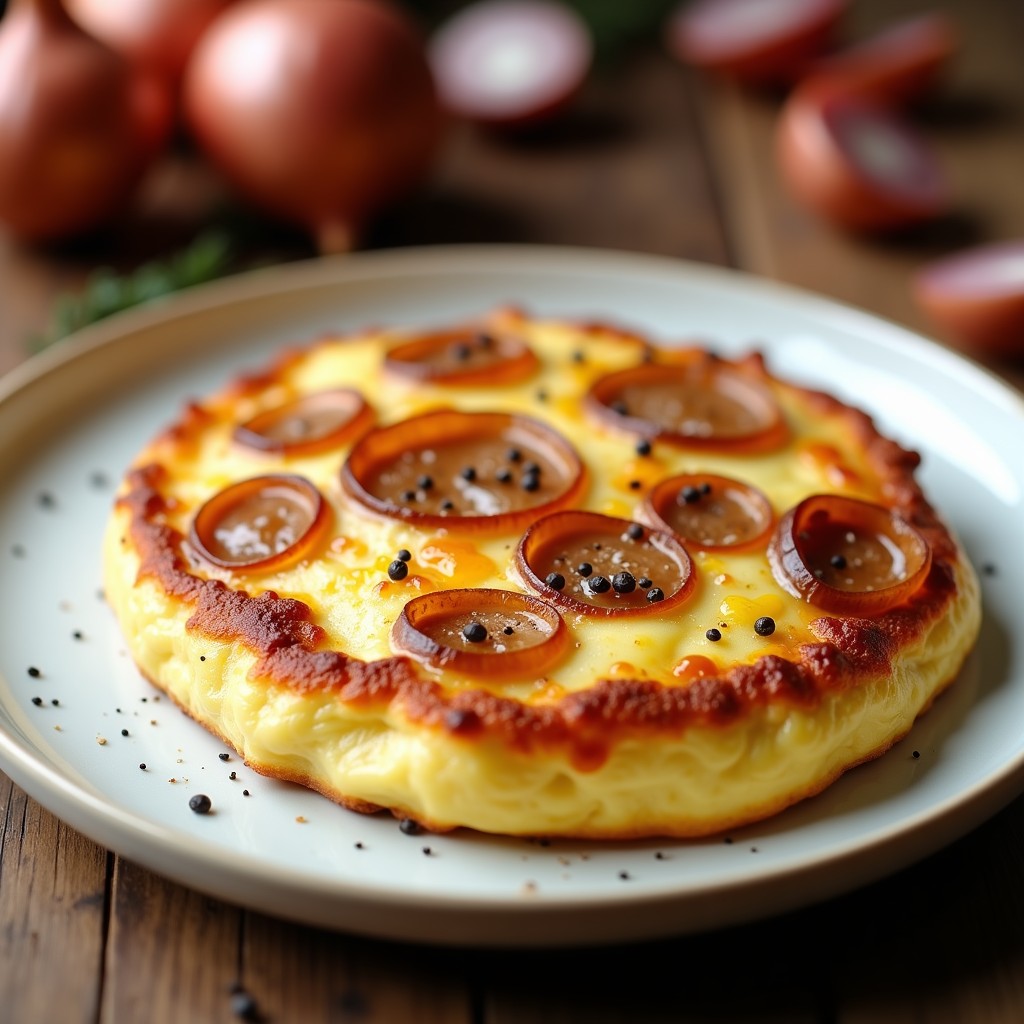 Tortilla de cebolla caramelizada en Thermomix servida en plato blanco, dorada por fuera y jugosa por dentro, con trozos de cebolla morada visible y un toque de pimienta negra.