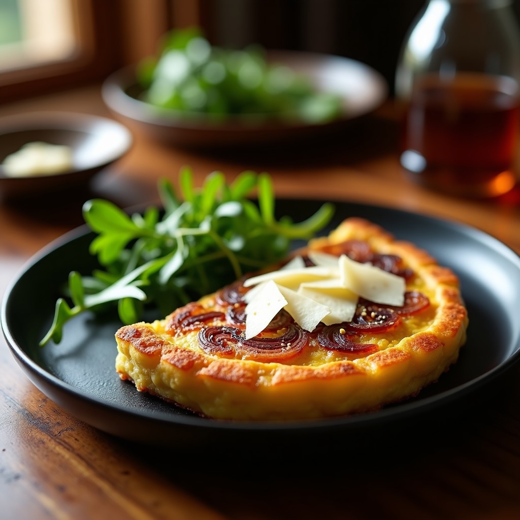 Tortilla española dorada con cebolla caramelizada oscura y virutas de trufa blanca sobre un plato de cerámica negra, acompañada de rúcula fresca y copos de parmesano.