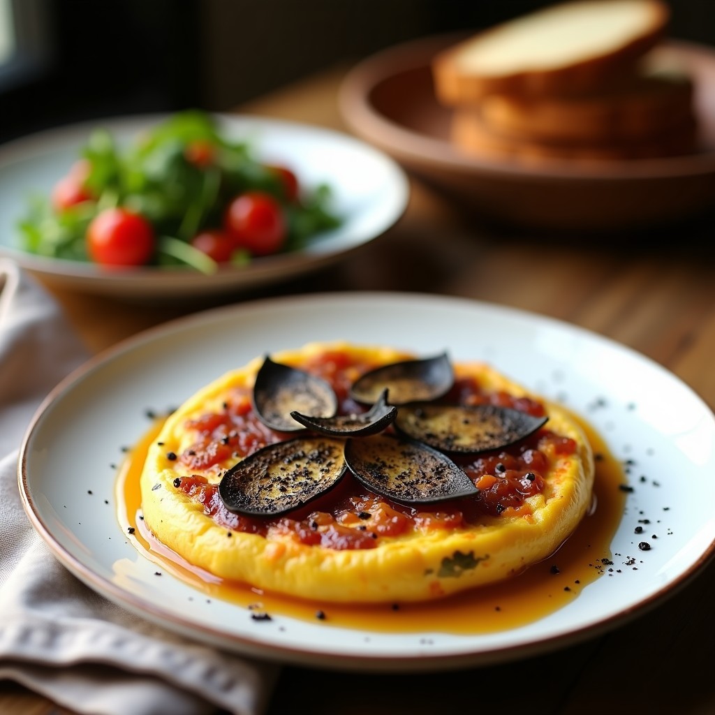 Tortilla española dorada con cebolla caramelizada en su interior, espolvoreada con láminas de trufa negra sobre un plato de cerámica blanca, acompañada de una ensalada verde y pan tostado.