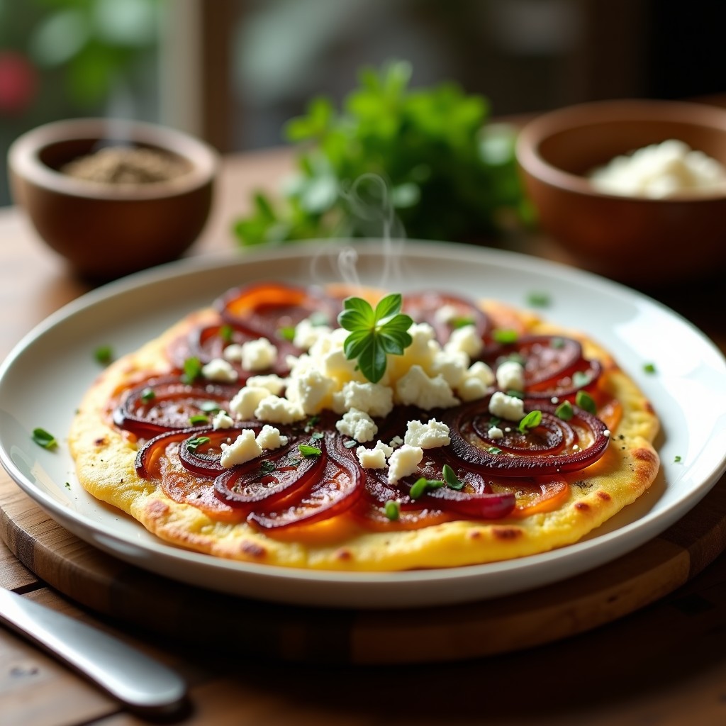 Tortilla dorada con cebolla caramelizada y especias zaatar, espolvoreada con queso feta desmenuzado, servida en plato de cerámica blanca con fondo rústico.