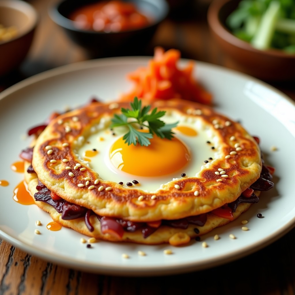 Tortilla dorada y esponjosa de cebolla morada y kimchi en airfryer, con semillas de sésamo tostado y un brillo de aceite de sésamo, servida en plato blanco sobre fondo de madera.