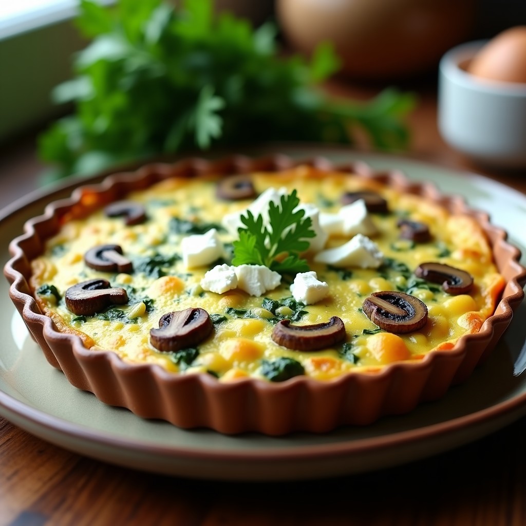 Tortilla dorada y esponjosa de champiñones portobello y espinacas en molde redondo, con trozos de queso feta visible, cocinada en airfryer.