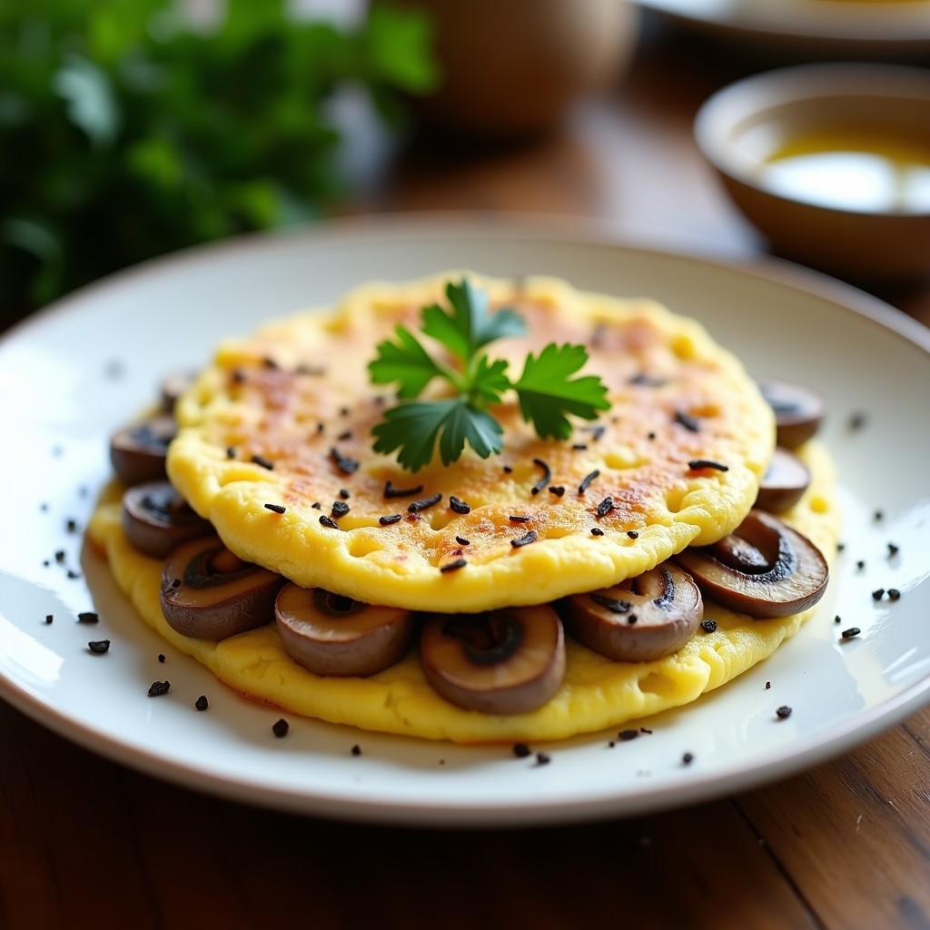 Tortilla dorada y esponjosa con láminas de champiñones portobello y vetas de queso gruyère, servida en plato blanco con perejil fresco y virutas de trufa negra. Receta de tortilla de champiñones con trufa en airfryer.