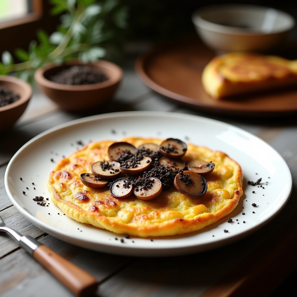 Tortilla dorada y esponjosa de harina de chestnut con láminas de trufa negra y romero fresco, servida en plato de cerámica blanca sobre fondo rústico de madera.
