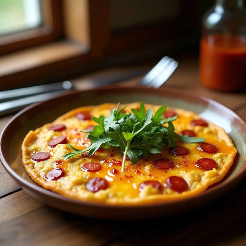 Tortilla española dorada y jugosa con trozos de chorizo ibérico y patata ahumada, servida en plato de barro con rúcula y hilo de miel.
