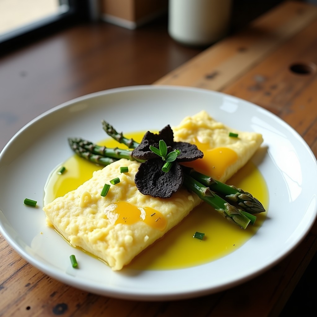 Tortilla esponjosa de claras con espárragos trigueros salteados y láminas de trufa negra, decorada con cebollino fresco sobre un plato blanco. Receta alta en proteína y baja en calorías.