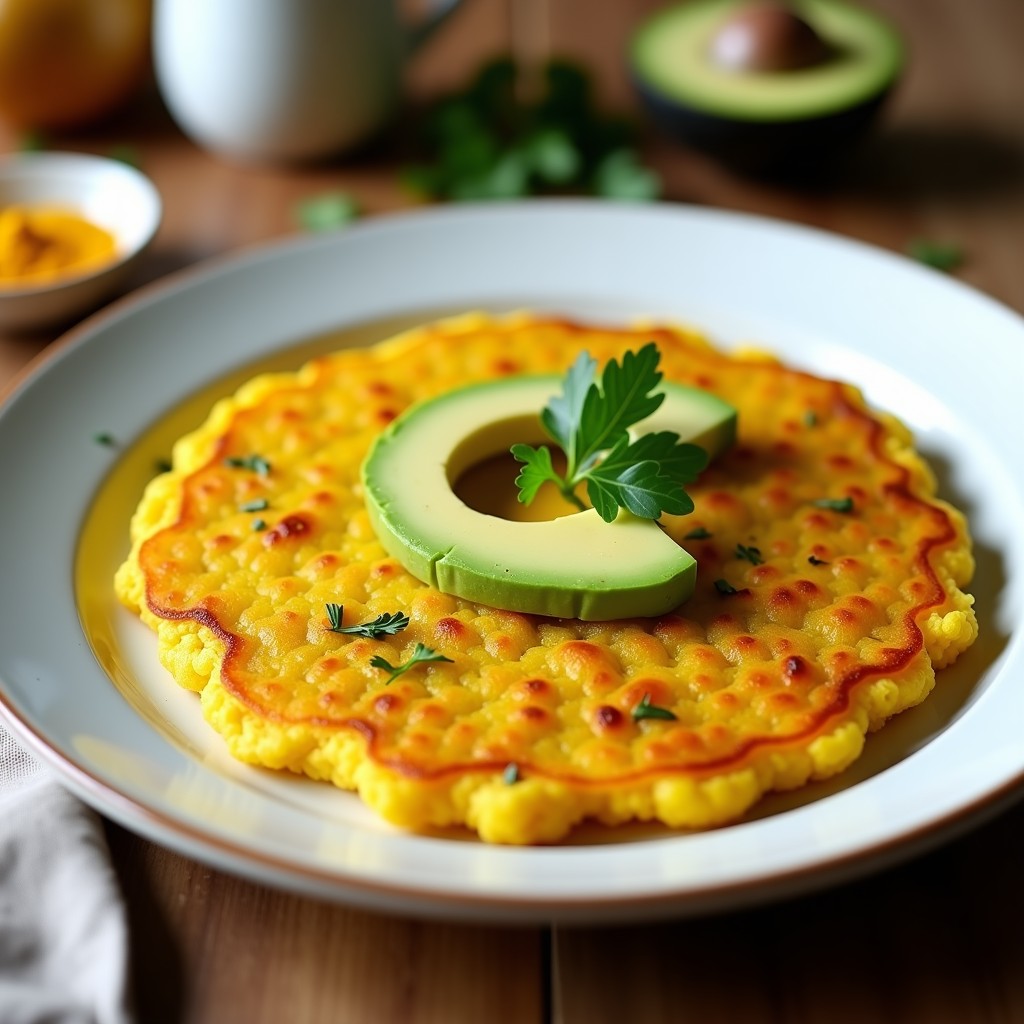Tortilla dorada de coliflor y cúrcuma con rodajas de aguacate frescas y perejil picado, servida en plato blanco sobre fondo rústico de madera. Receta vegana y antiinflamatoria.
