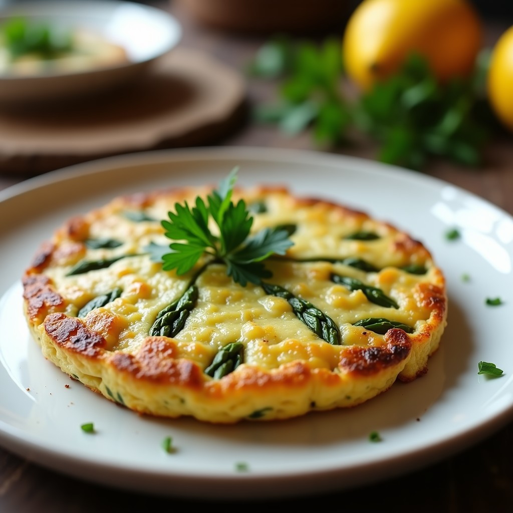 Tortilla dorada y esponjosa de coliflor y espárragos trigueros cocinada en airfryer, con bordes crujientes y superficie ligeramente tostada, servida en plato blanco sobre fondo rústico de madera.