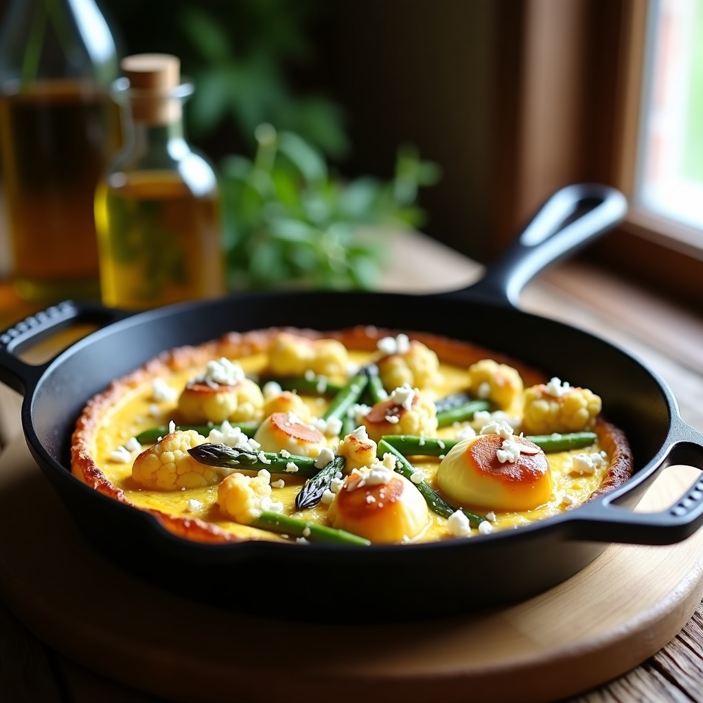 Tortilla dorada y esponjosa de coliflor asada y espárragos trigueros con huevos de codorniz, decorada con almendras fileteadas y levadura nutricional, servida en plato de barro rústico. Receta keto alta en proteína.