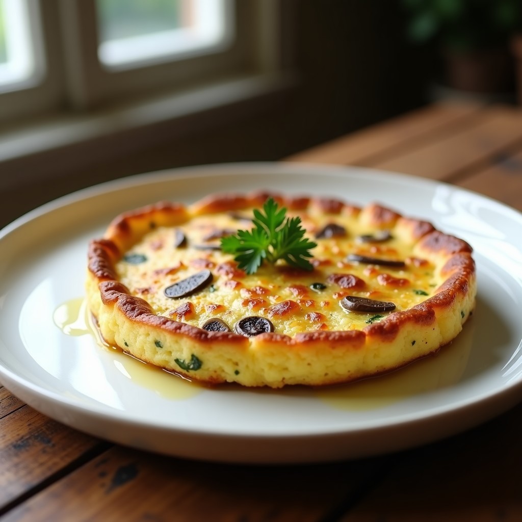 Tortilla dorada y esponjosa de coliflor y hongos shiitake en airfryer, con bordes crujientes y superficie ligeramente brillante, servida en plato blanco sobre fondo rústico.