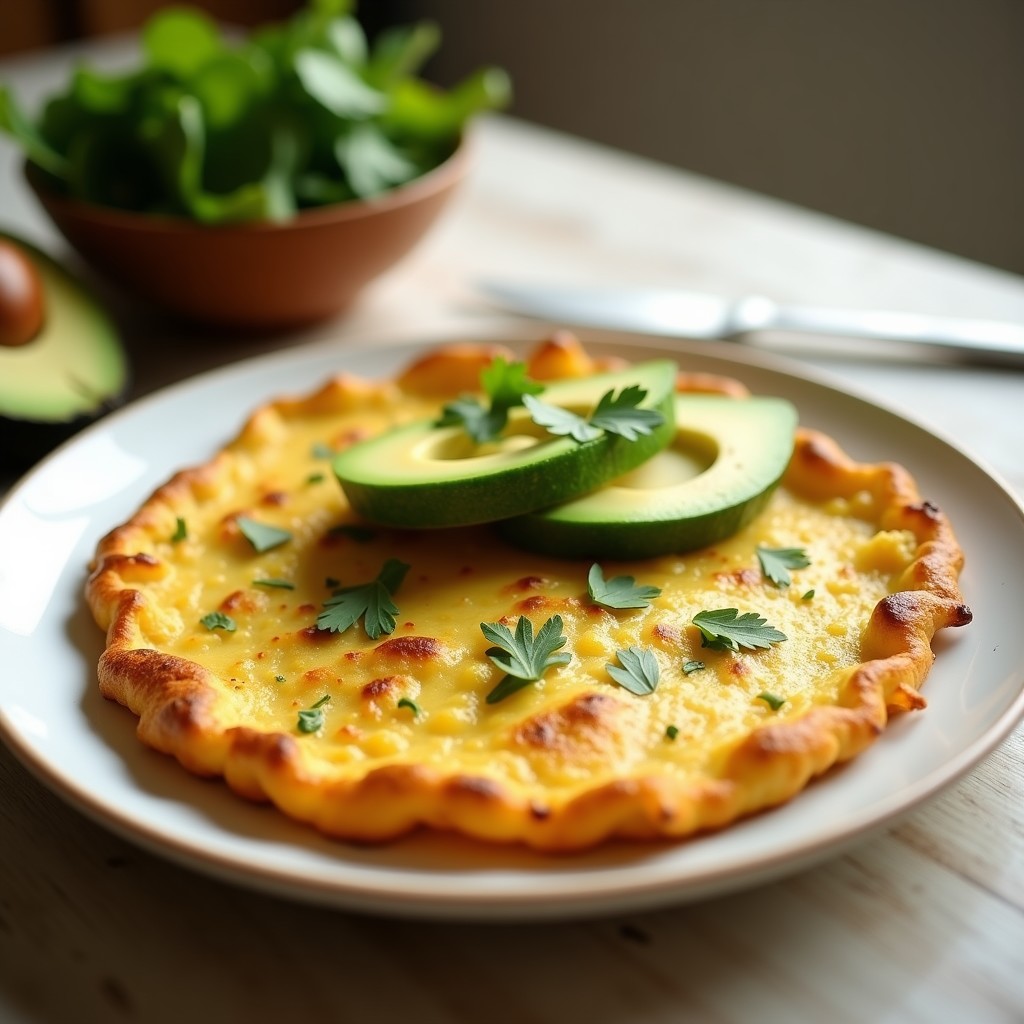 Tortilla dorada y esponjosa de calabacín sin huevo keto, servida en un plato blanco con aguacate y hojas verdes, receta baja en carbohidratos.